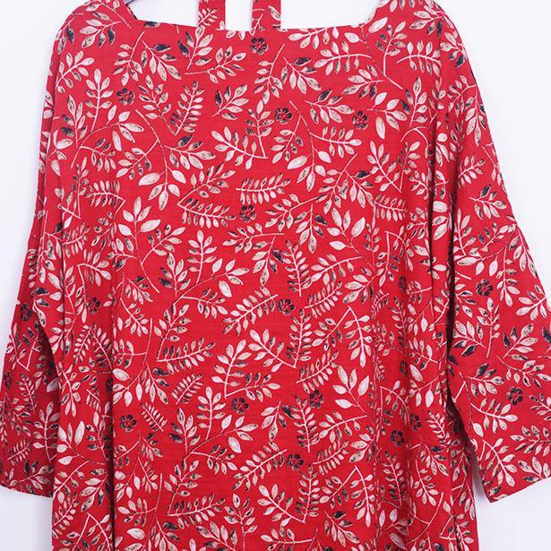 2018 red floral long linen dresses plus size o neck gown boutique tie waist kaftans - Omychic