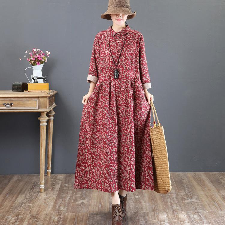 2018 red long cotton dress Loose fitting lapel collar traveling clothing top quality long sleeve autumn dress - Omychic