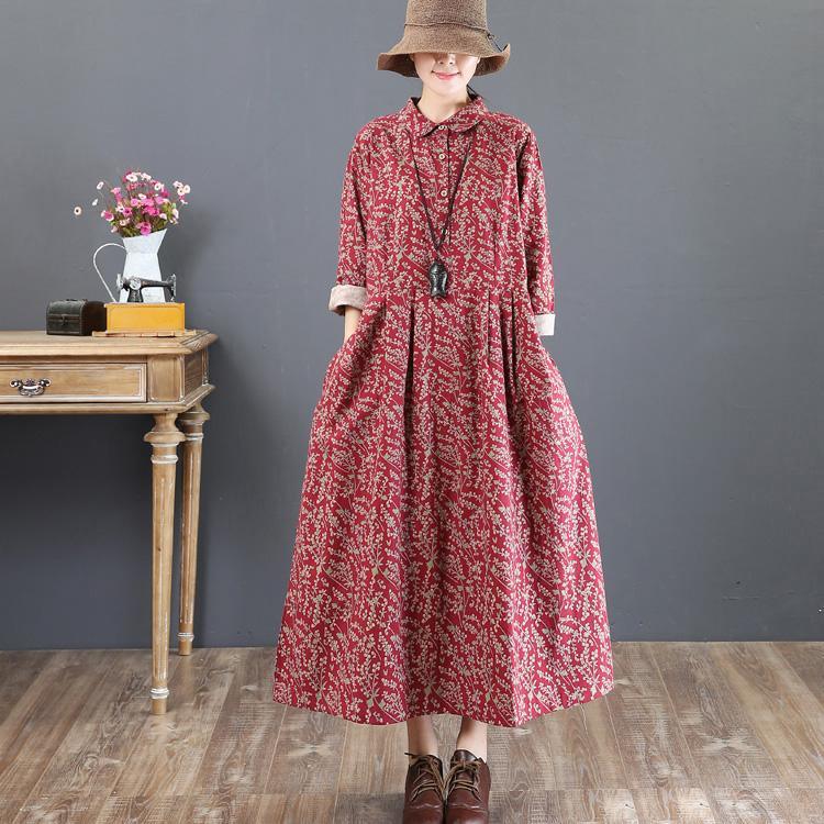 2018 red long cotton dress Loose fitting lapel collar traveling clothing top quality long sleeve autumn dress - Omychic