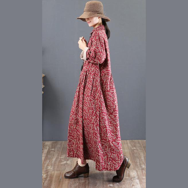 2018 red long cotton dress Loose fitting lapel collar traveling clothing top quality long sleeve autumn dress - Omychic