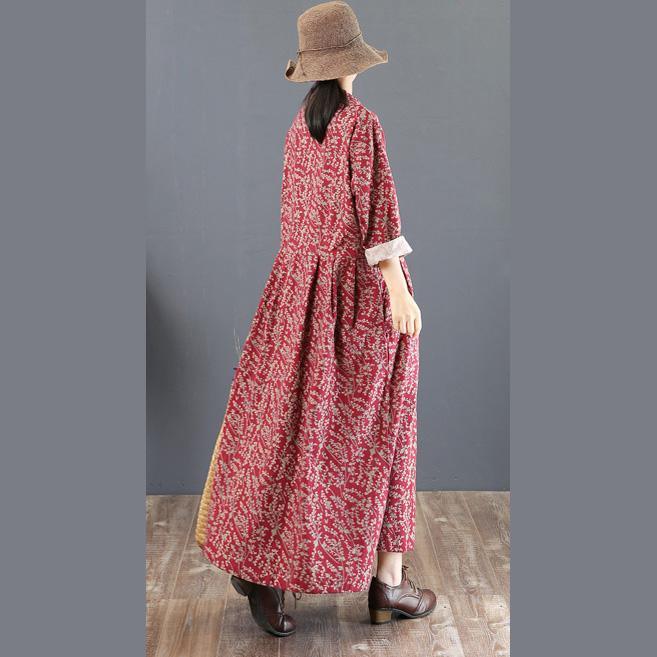 2018 red long cotton dress Loose fitting lapel collar traveling clothing top quality long sleeve autumn dress - Omychic