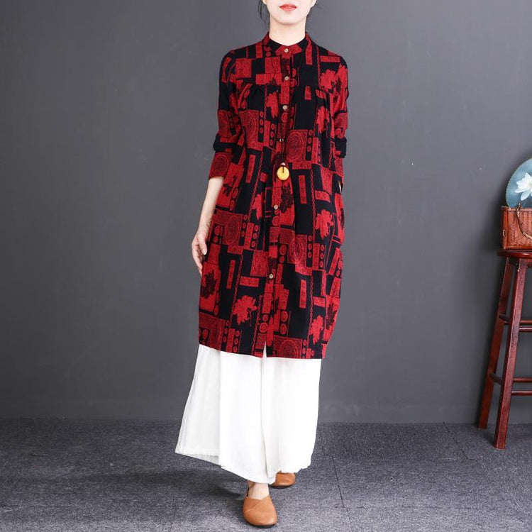 2018 red print cotton linen knee dress oversize traveling clothing New long sleeve Stand cotton linen dresses - Omychic