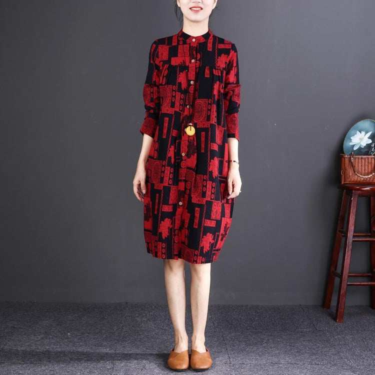 2018 red print cotton linen knee dress oversize traveling clothing New long sleeve Stand cotton linen dresses - Omychic