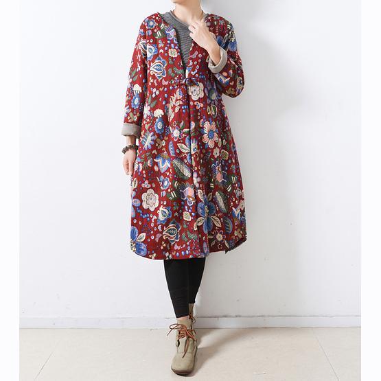 2018 red print women Loose fitting o neck vintage Casual Chinese Button overcoat - Omychic