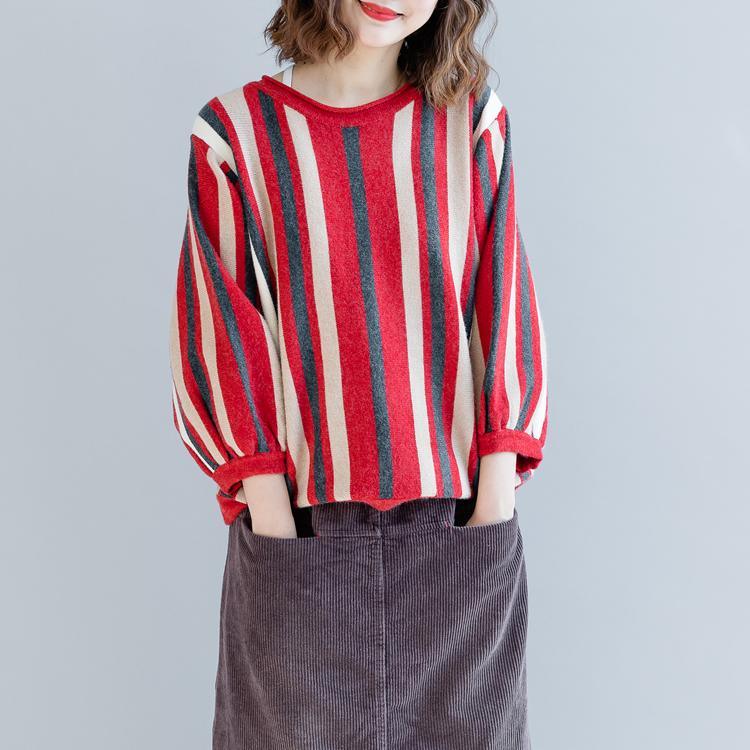 2018 red striped  cozy sweater Loose fitting o neck knitted tops casual bracelet sleeved top - Omychic