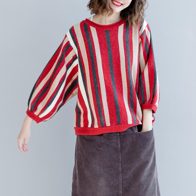 2018 red striped  cozy sweater Loose fitting o neck knitted tops casual bracelet sleeved top - Omychic
