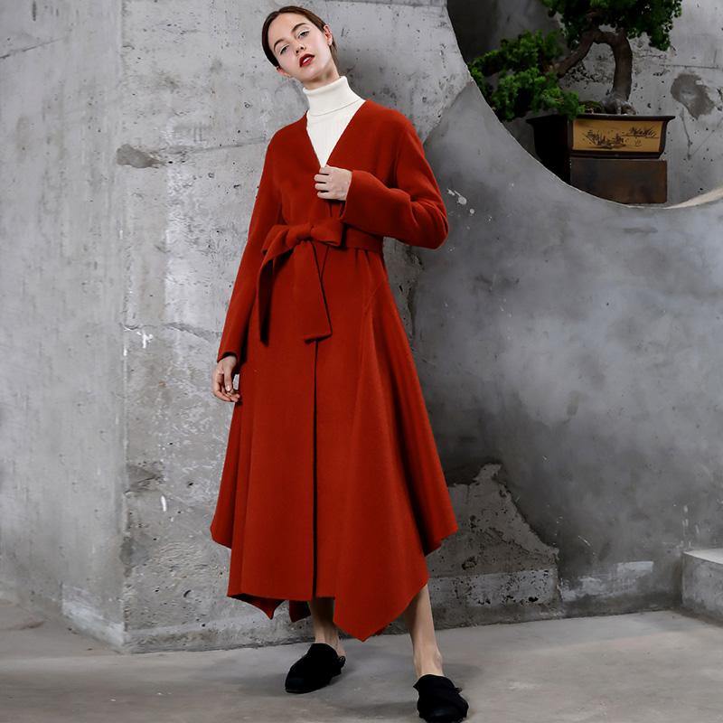 2018 red wool overcoat Loose fitting trench coat V neck tie waist asymmetric women coats - Omychic