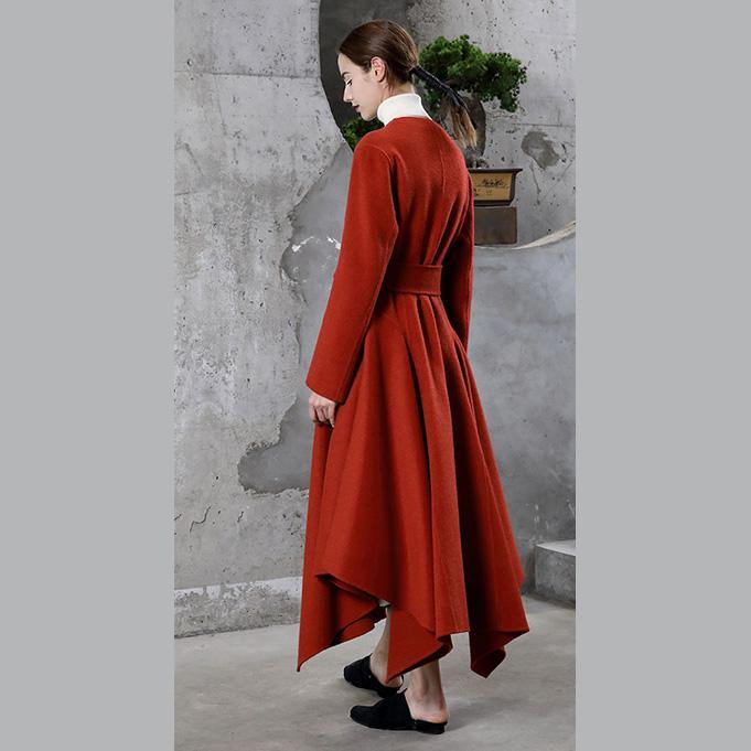 2018 red wool overcoat Loose fitting trench coat V neck tie waist asymmetric women coats - Omychic