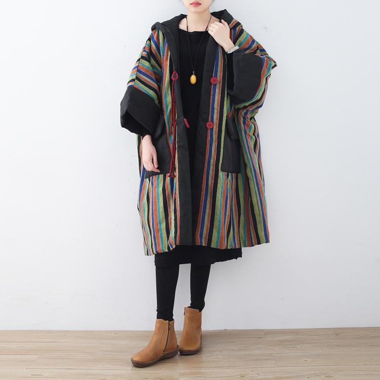 2018 striped quilted coat plus size clothing baggy cotton jacket Casual pockets overcoat - Omychic