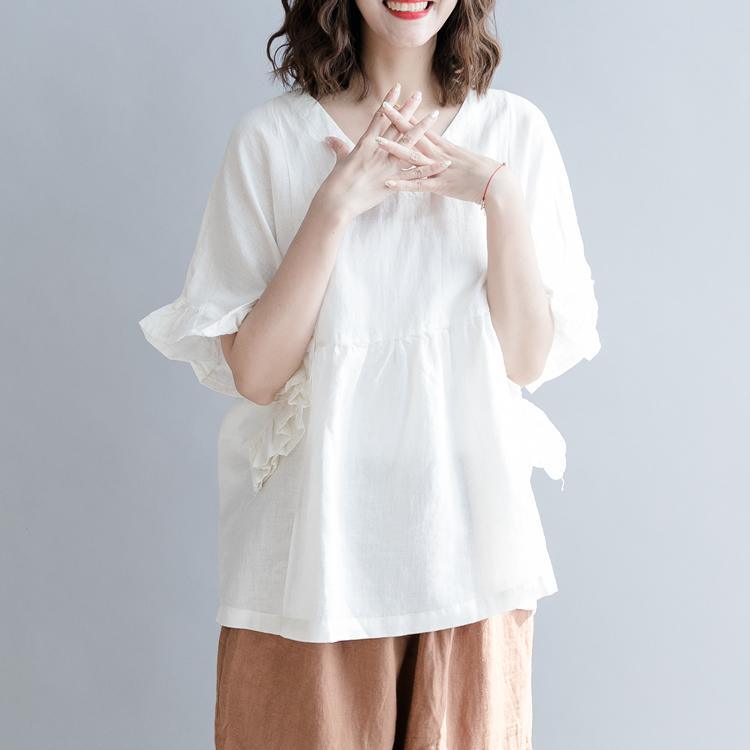 2018 white Midi cotton linen pullover casual cotton linen clothing tops women petal Sleeve v neck wrinkled cotton linen tops - Omychic