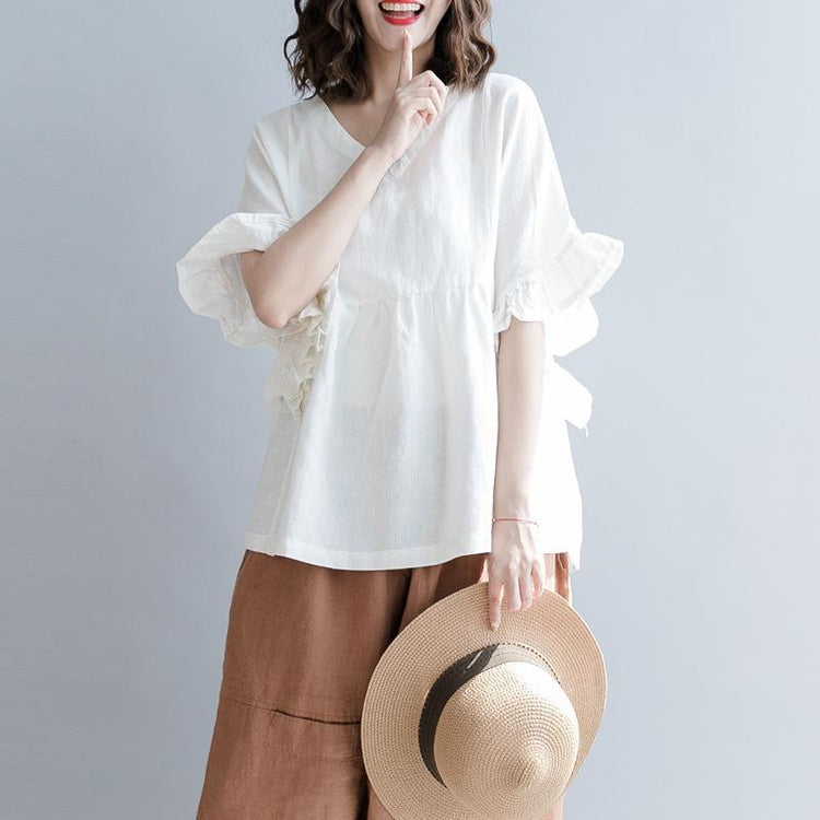 2018 white Midi cotton linen pullover casual cotton linen clothing tops women petal Sleeve v neck wrinkled cotton linen tops - Omychic