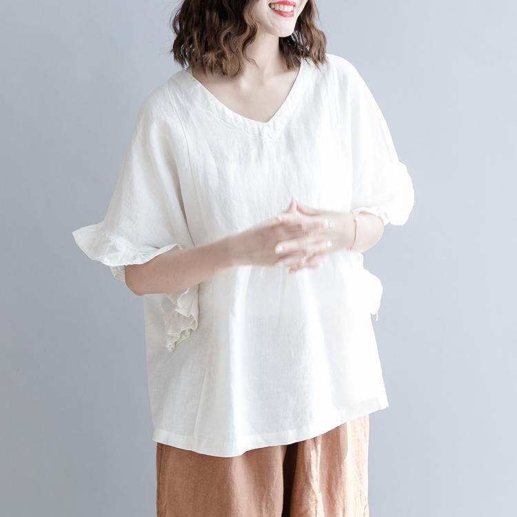 2018 white Midi cotton linen pullover casual cotton linen clothing tops women petal Sleeve v neck wrinkled cotton linen tops - Omychic