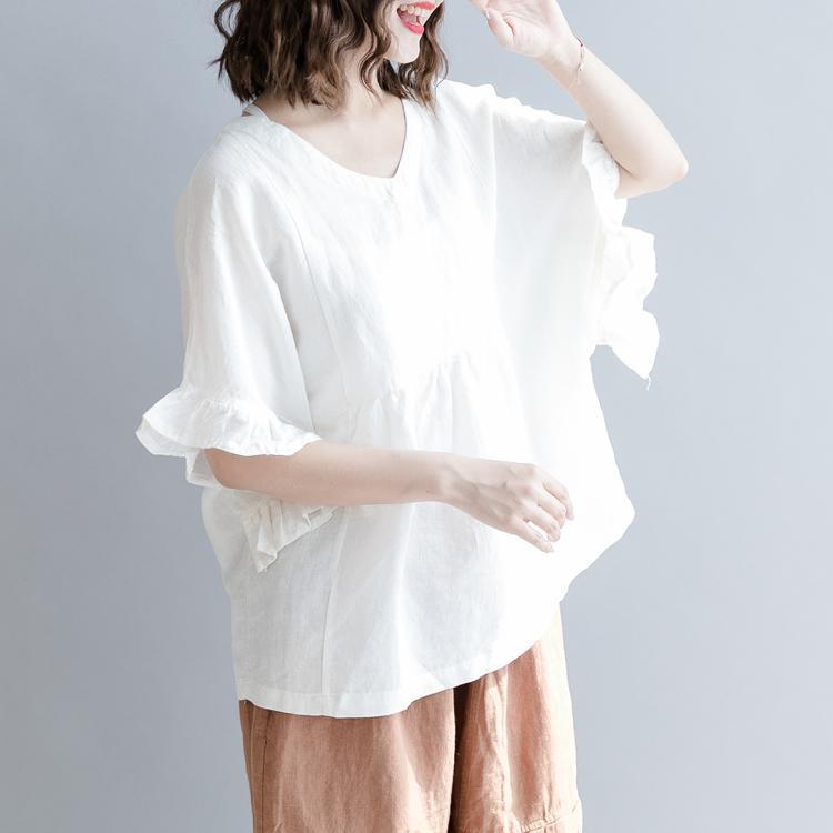 2018 white Midi cotton linen pullover casual cotton linen clothing tops women petal Sleeve v neck wrinkled cotton linen tops - Omychic