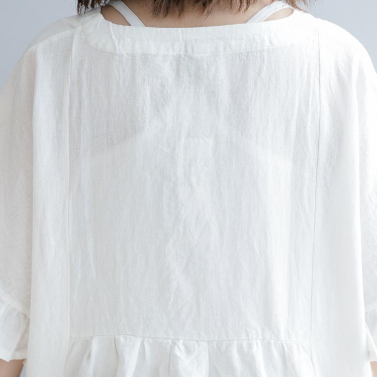 2018 white Midi cotton linen pullover casual cotton linen clothing tops women petal Sleeve v neck wrinkled cotton linen tops - Omychic