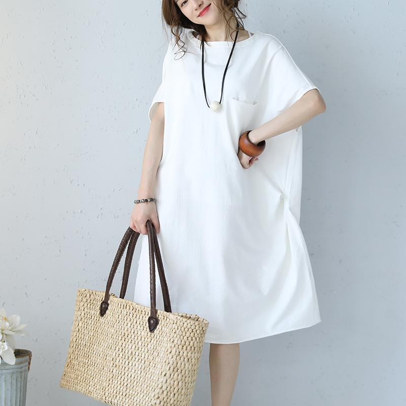 2018 white long cotton dresses plus size clothing O neck short sleeve cotton maxi dress Elegant Jacquard baggy dresses - Omychic