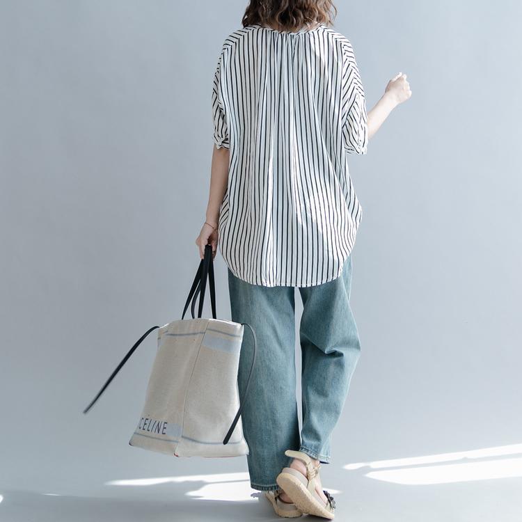2018 white striped pure cotton blended tops oversized holiday tops Elegant Batwing Sleeve baggy v neck cotton blended tops - Omychic