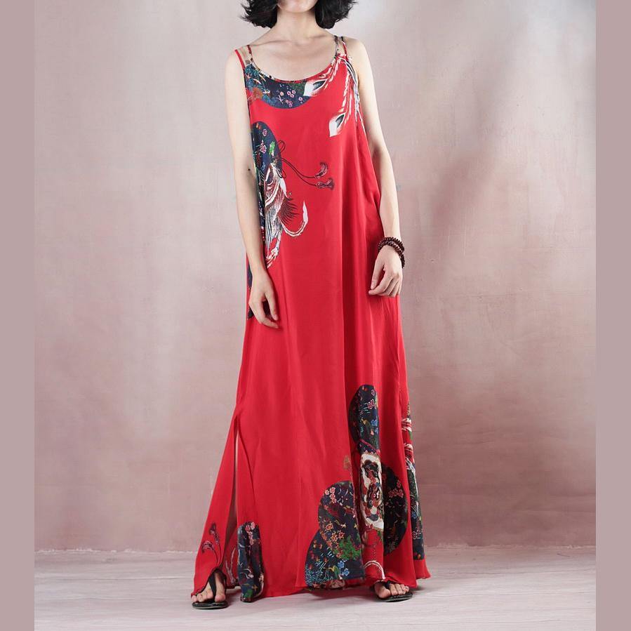 2018 women red print holiday dress o neck casual gowns  sleeveless gown a silk skirts maxi dress - Omychic