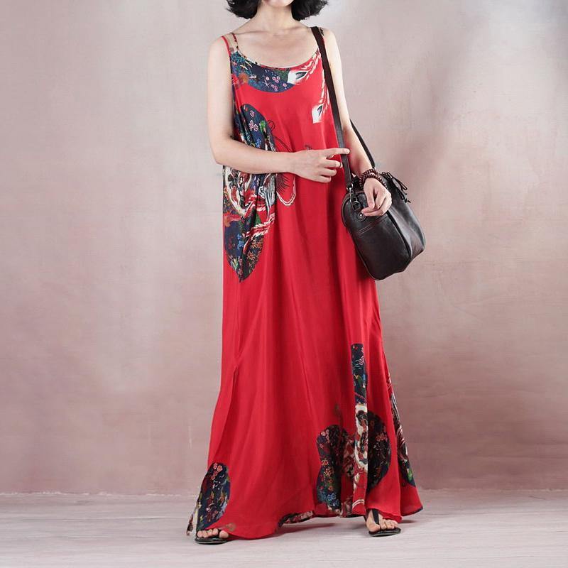 2018 women red print holiday dress o neck casual gowns  sleeveless gown a silk skirts maxi dress - Omychic