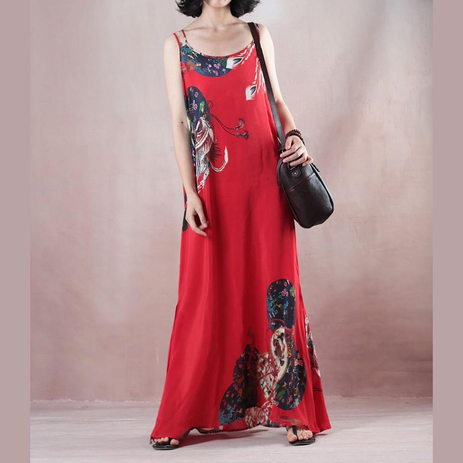 2018 women red print holiday dress o neck casual gowns  sleeveless gown a silk skirts maxi dress - Omychic