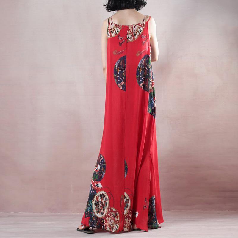 2018 women red print holiday dress o neck casual gowns  sleeveless gown a silk skirts maxi dress - Omychic