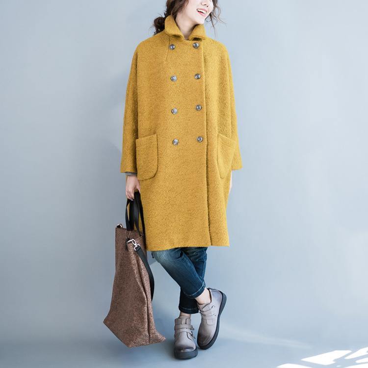 2018 yellow woolen coat plus size big pockets wool Coats Fashion double breast long coats - Omychic