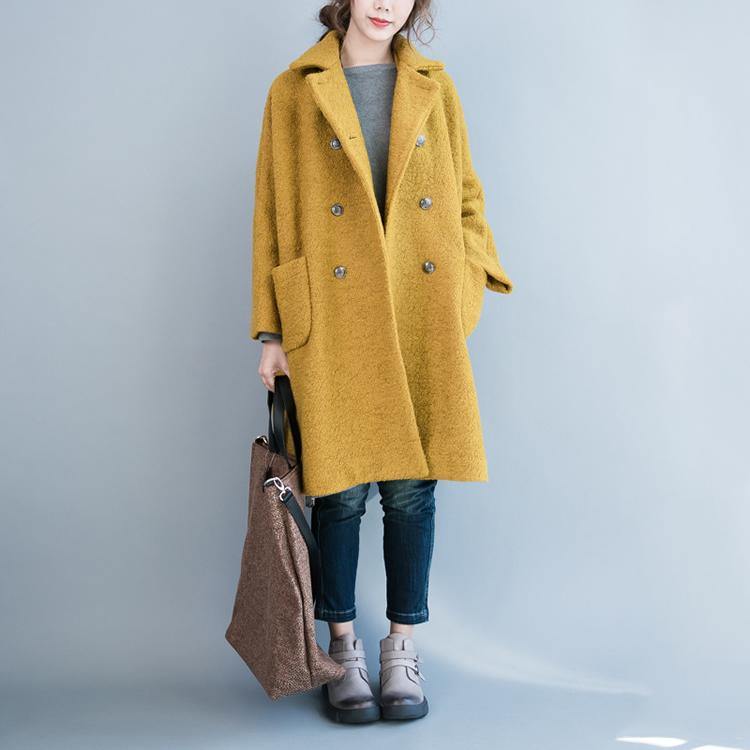 2018 yellow woolen coat plus size big pockets wool Coats Fashion double breast long coats - Omychic