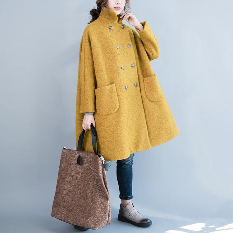 2018 yellow woolen coat plus size big pockets wool Coats Fashion double breast long coats - Omychic