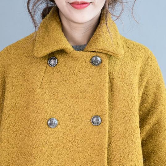 2018 yellow woolen coat plus size big pockets wool Coats Fashion double breast long coats - Omychic