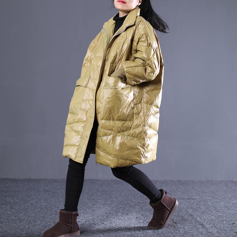 2018 yellow down overcoat plus size stand collar down overcoat thick pockets trench coat - Omychic