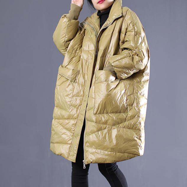 2018 yellow down overcoat plus size stand collar down overcoat thick pockets trench coat - Omychic