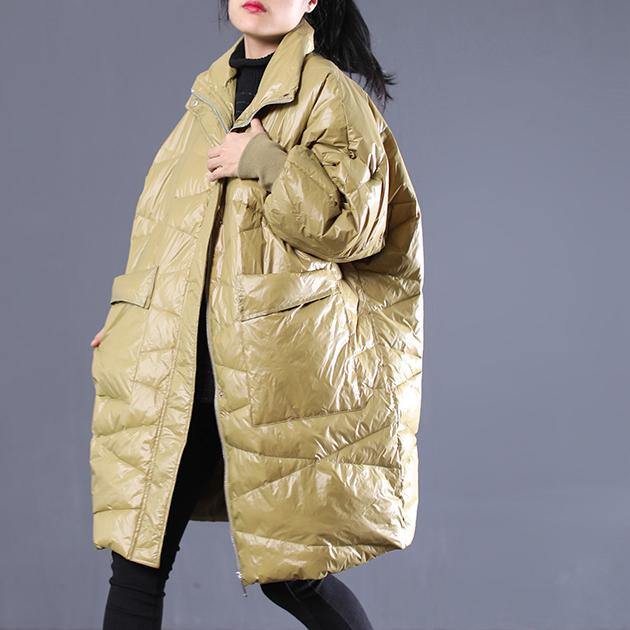 2018 yellow down overcoat plus size stand collar down overcoat thick pockets trench coat - Omychic