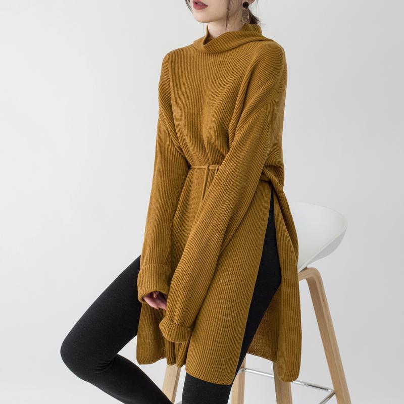 2018 yellow knit dresses Loose fitting high neck side open winter dresses boutique tie waist long knit sweaters - Omychic