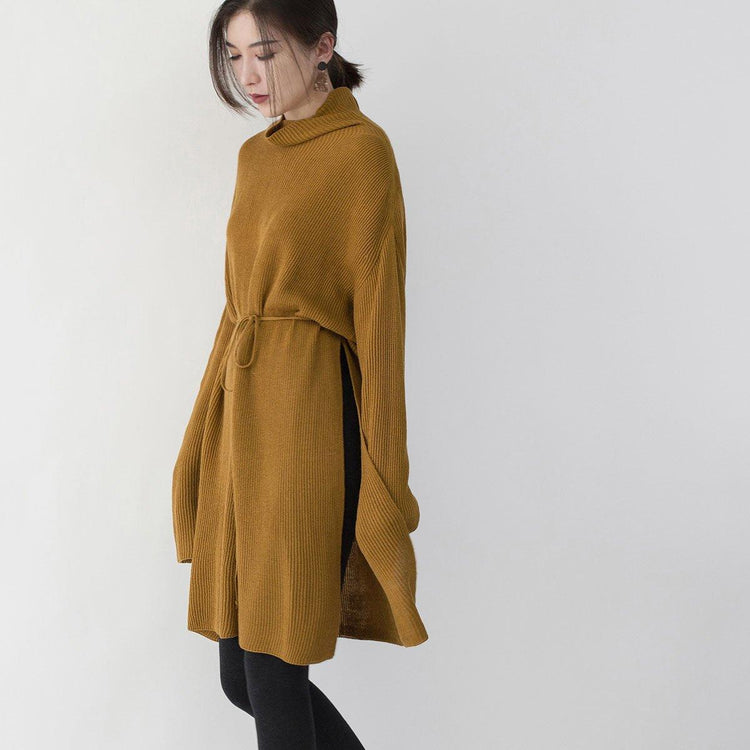 2018 yellow knit dresses Loose fitting high neck side open winter dresses boutique tie waist long knit sweaters - Omychic