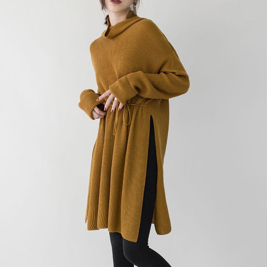 2018 yellow knit dresses Loose fitting high neck side open winter dresses boutique tie waist long knit sweaters - Omychic