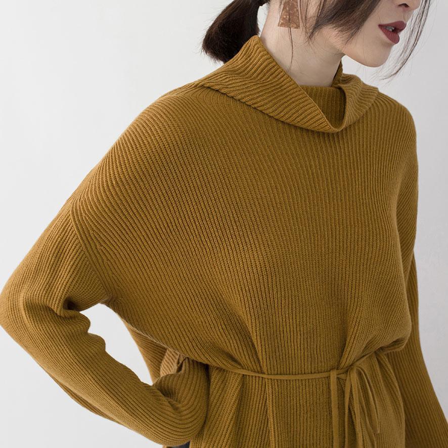2018 yellow knit dresses Loose fitting high neck side open winter dresses boutique tie waist long knit sweaters - Omychic