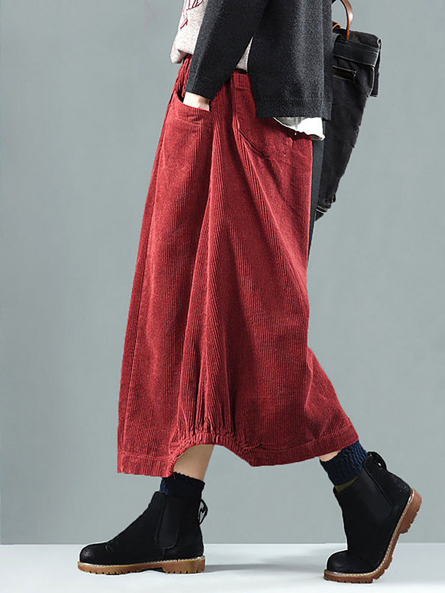 Women Casual Elastic Waist Calf Length Fall Corduroy Skirt