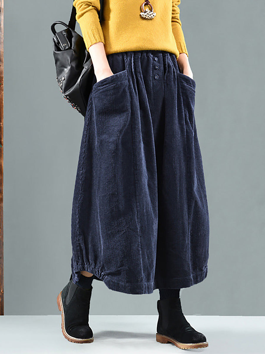 Women Casual Elastic Waist Calf Length Fall Corduroy Skirt