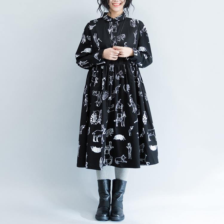 2021 Black Long Cotton Dress Plus Size Prints Cotton Dresses 2021 Lapel Collar Traveling Dress - Omychic