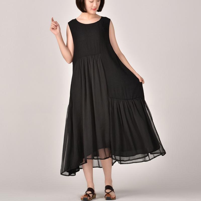 2018 black patchwork chiffon dress Loose fitting sleeveless clothing dresses casual asymmetric maxi dresses - Omychic