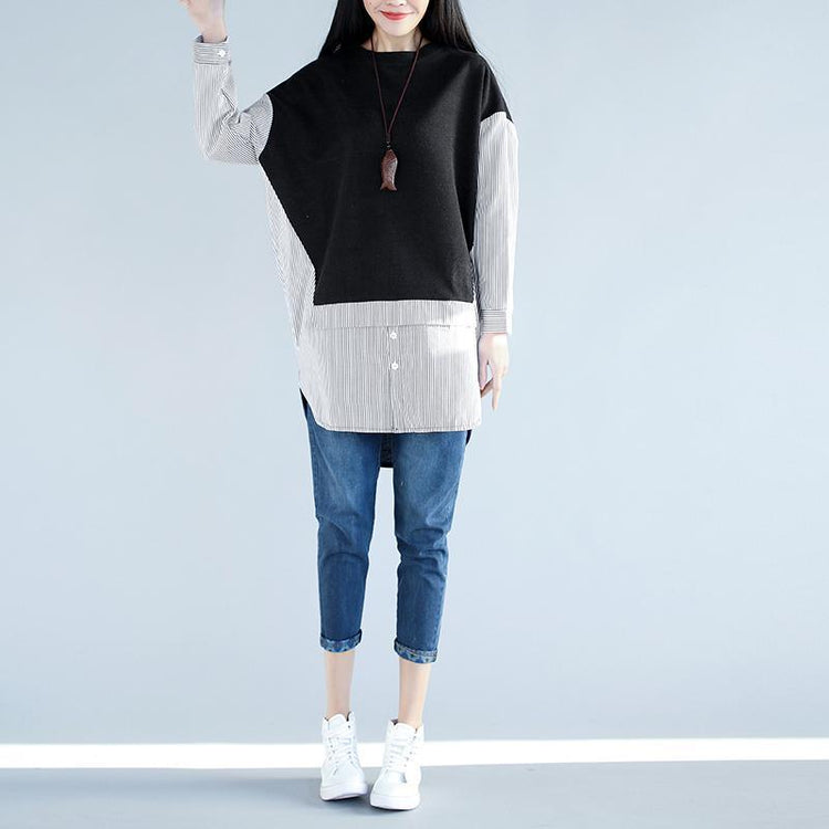 2018 black patchwork cotton tops plus size striped false two pieces pullover - Omychic