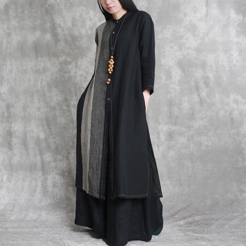 2018 black patchwork linen two pieces asymmetric shirt and wide leg pants - Omychic