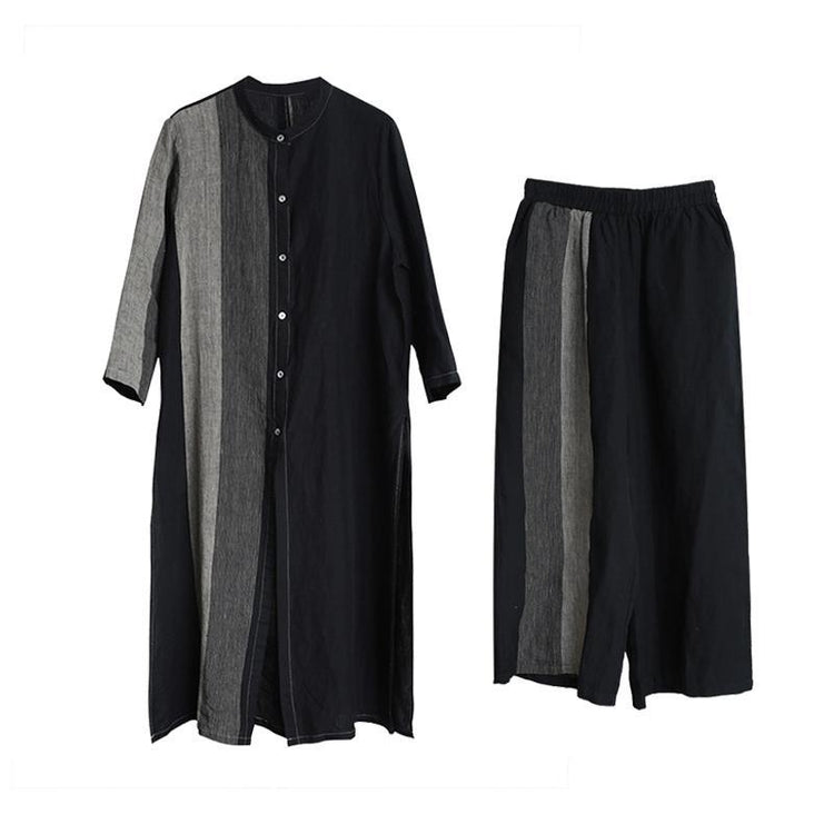 2018 black patchwork linen two pieces asymmetric shirt and wide leg pants - Omychic