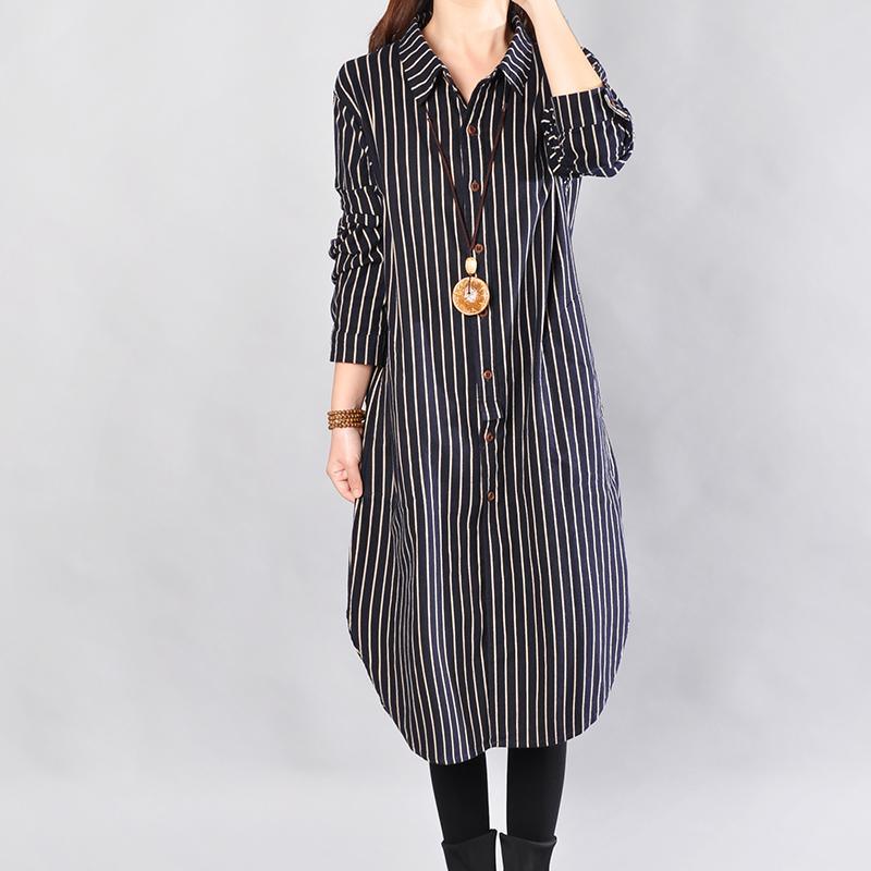 2018 black striped cotton knee dress oversized cotton clothing dress top quality long sleeve side open shirt dresses - Omychic