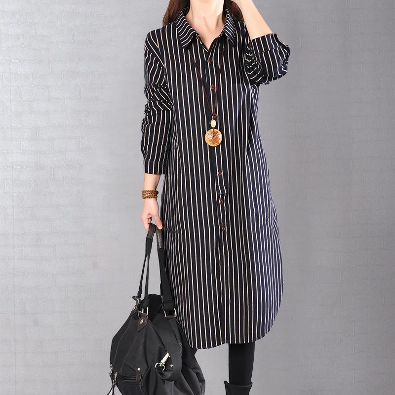 2018 black striped cotton knee dress oversized cotton clothing dress top quality long sleeve side open shirt dresses - Omychic