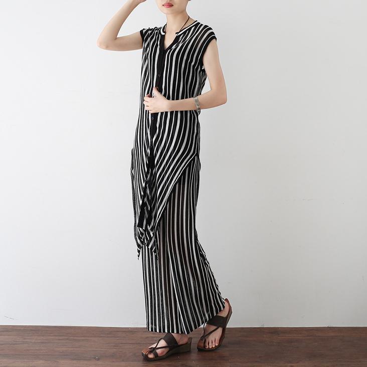 2018 black striped linen knit summer side open tops and straight pants two pieces - Omychic