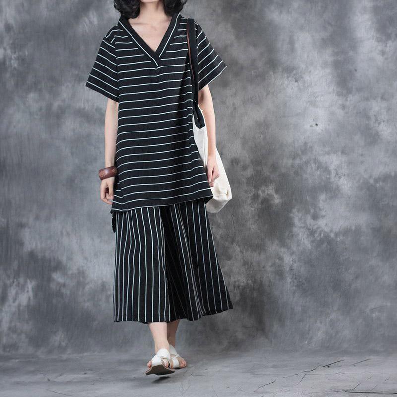 2018 black striped v neck silk linen shirt and crop wide leg pant two pieces - Omychic