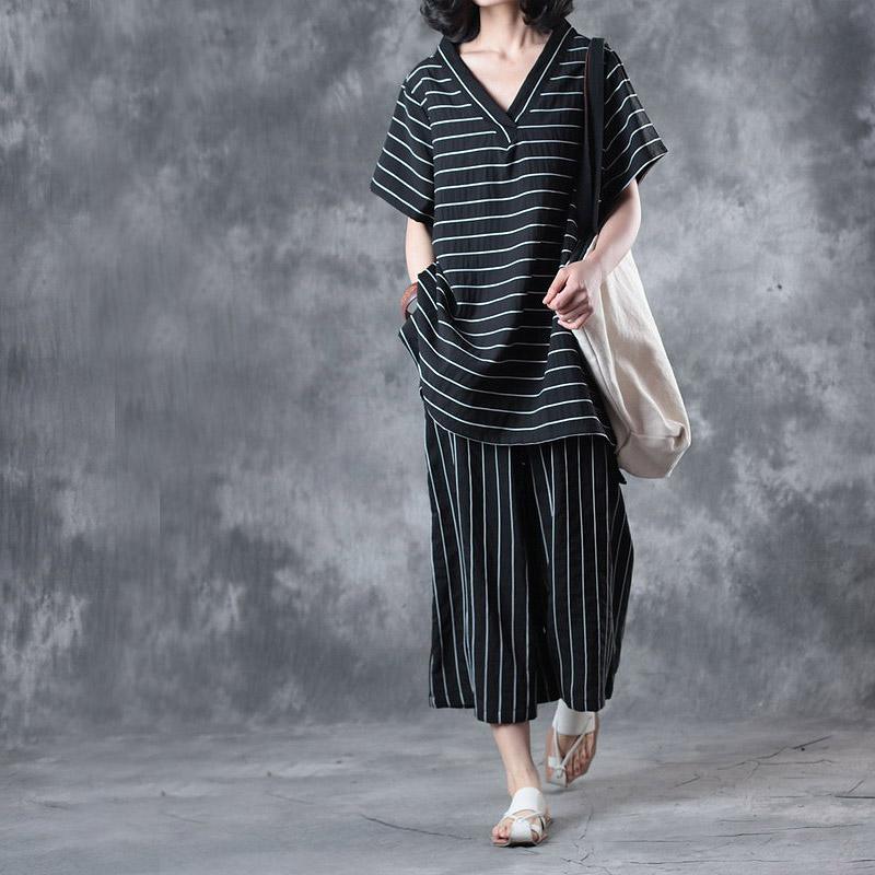 2018 black striped v neck silk linen shirt and crop wide leg pant two pieces - Omychic