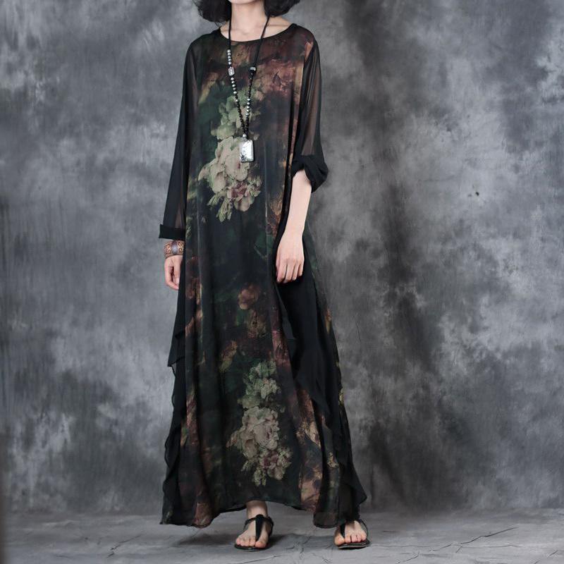 2018 black summer new chiffon prints dresses oversize aswmmetaic hem maxi dress - Omychic