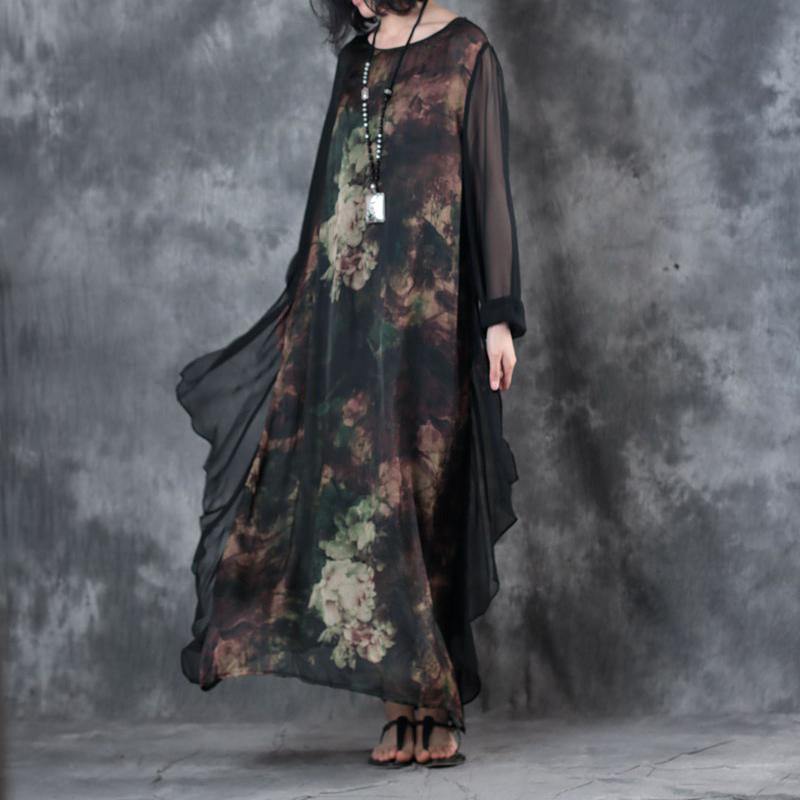 2018 black summer new chiffon prints dresses oversize aswmmetaic hem maxi dress - Omychic