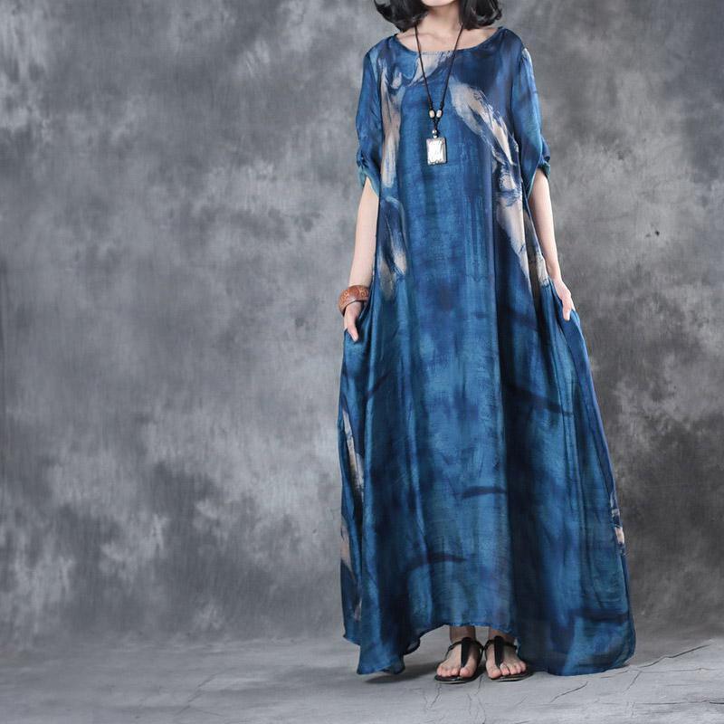 2018 blue prints natural silk dress  casual short sleeve silk gown casual big hem kaftans - Omychic